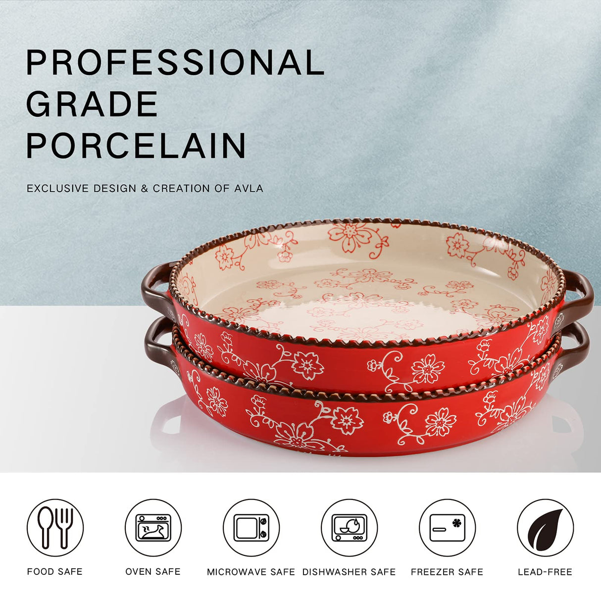 AVLA 2 Pack Ceramic Pie Pan, 9 Inch Round Baking Dish with Double Handle, 28 Ounce Deep Quiche Plate for Kitchen, Cooking, Roasting Lasagna (Sakura, Red) AVLA