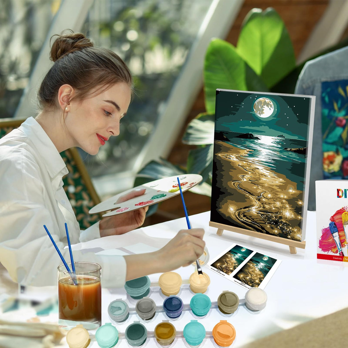 HeeBenor Framed Paint by Numbers Kit for Adults, Moon Paint by Number with Easel, DIY Beach Moon Landscape Oil Painting Kit, Adult Paint by Number Kits Framed Canvas for Home Decor 8x12 Inch HeeBenor