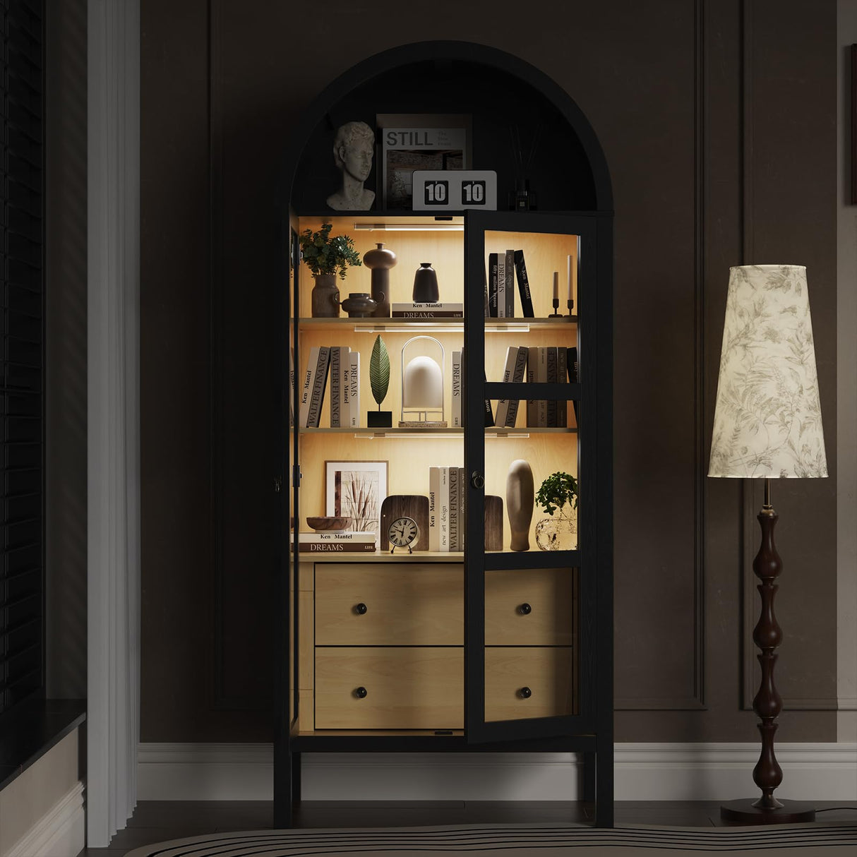 ROOMTEC Modern Farmhouse Arched Cabinet with Auto Sensor Light and Adjustable Shelves in Black Oak ROOMTEC