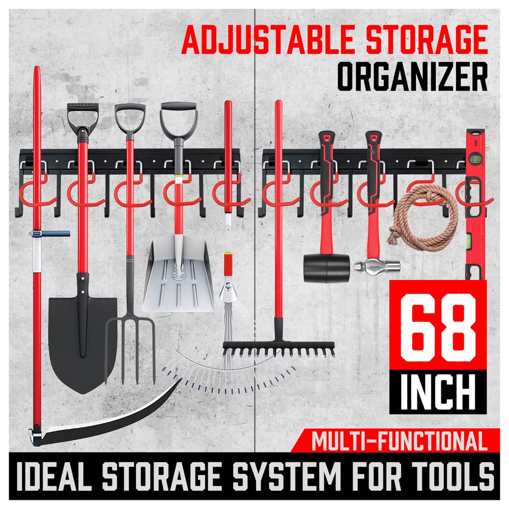 68" All Metal Garden Tool Organizer - Sturdy Garage Wall & Shed Organization System - Hooks for Shovel, Broom, Rake & More SEDY