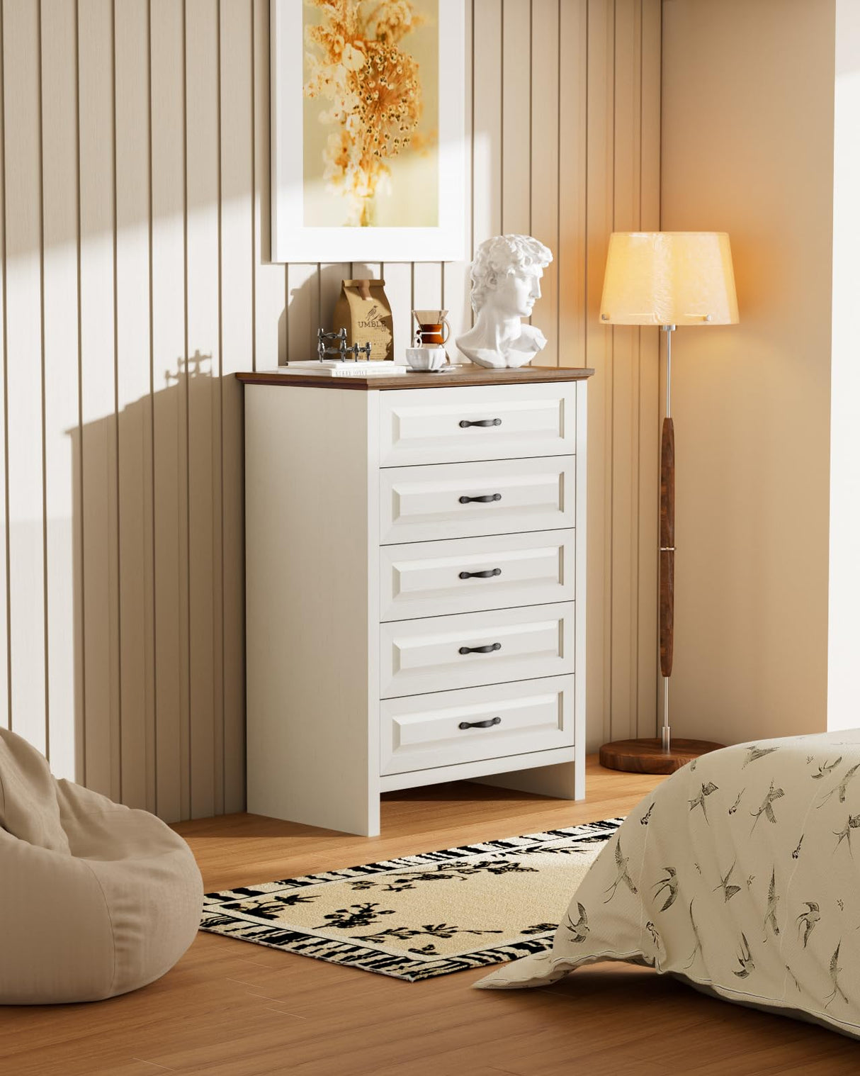 Amada 5 Drawer Dresser for Bedroom with Wood Drawers, Supports up to 22 lbs per Drawer, Anti-Tip Design for Safety, 5 Farmhouse Dresser Drawer Unit for Bedroom, Nursery, Living Room, Brown and White AMADA HOMEFURNISHING
