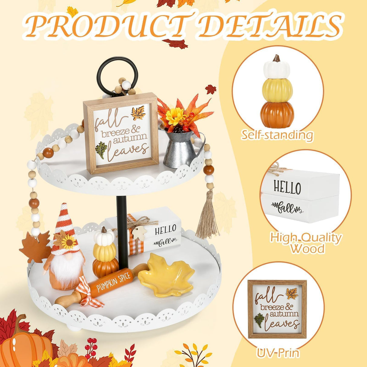 Thanksgiving Decorations for Home 8PCS Tiered Tray Decor Set, Tabletop Fall Thanksgiving Decor for Shelf Mantel Fireplace Office Desk Coffee Bar Table Centerpieces Pumpkin Farmhouse Wood Sign SYNCVIBE