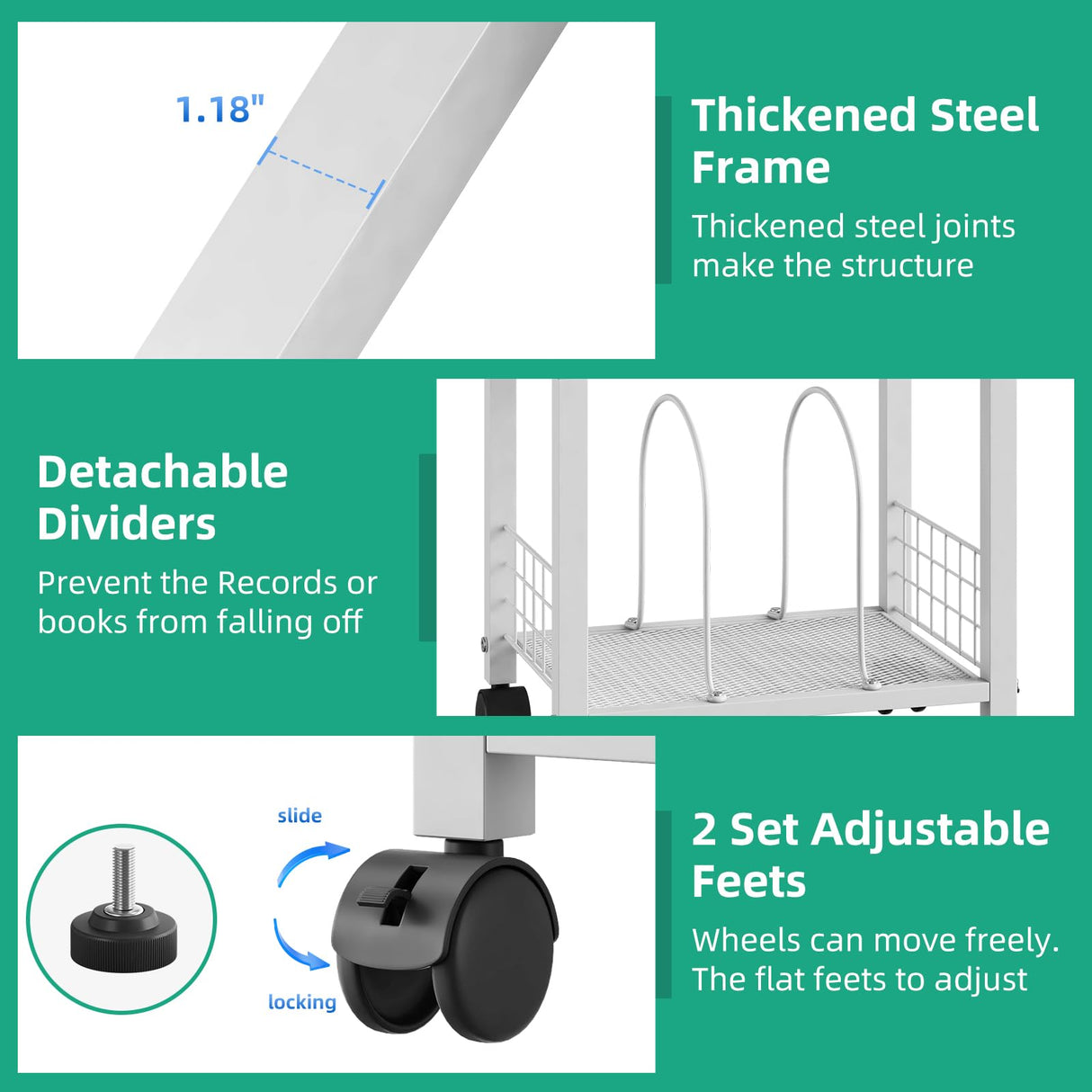 Kalrin Small Side Table, 3 Tier Moveable Small End Table, Record Player Stand with Records Shelf, Tall Nightstand for Bedroom, Living Room, Sofa, Office, Bathroom (Pure White) Kalrin