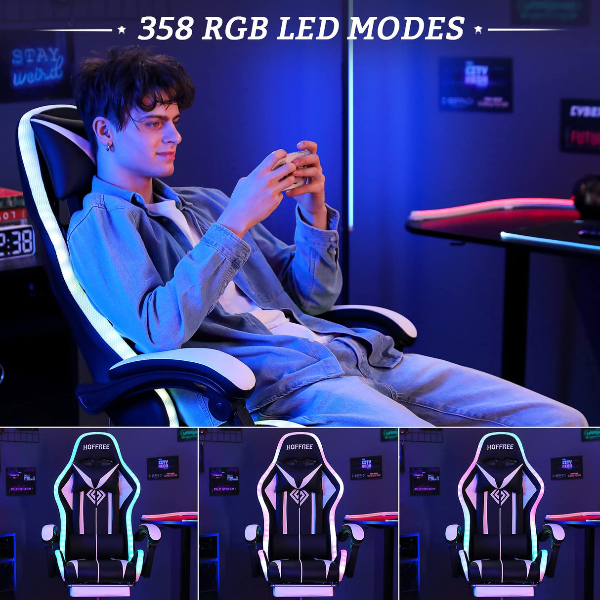 Gaming Chair with Speakers and Lights Ergonomic Computer Gaming Chair with Footrest LED RGB Lights Massage High Back Music Video Game Chair with Lumbar Support White and Black VANSPACE