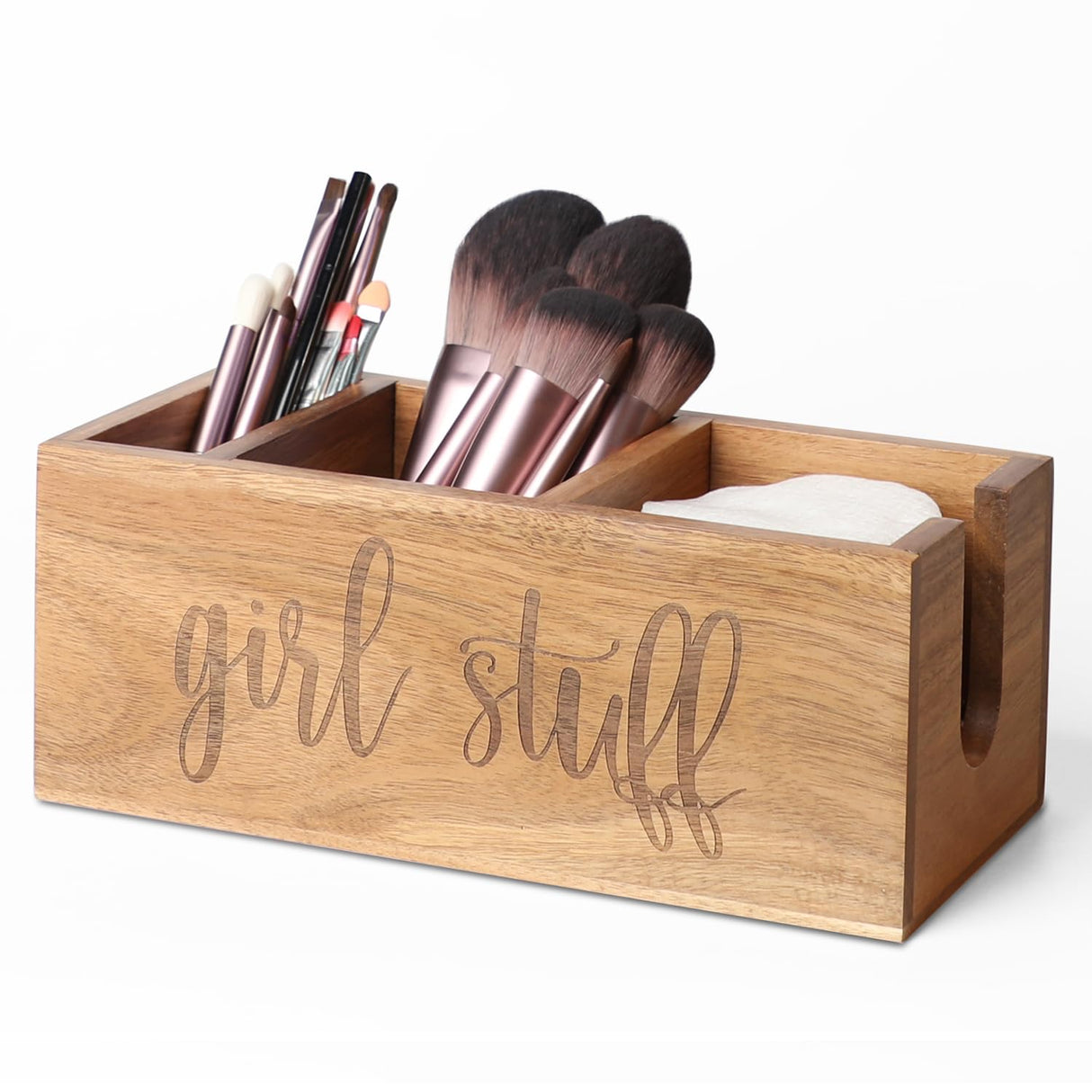 LBEMEY Acacia Wood Makeup Brush Holder, Organizer for Tampon, Cotton roud pads, Cotton Swab, Makeup,3 Compartments bathromm canister storage organization, Vanity Makeup Organizer, Tampon Holder LBEMEY