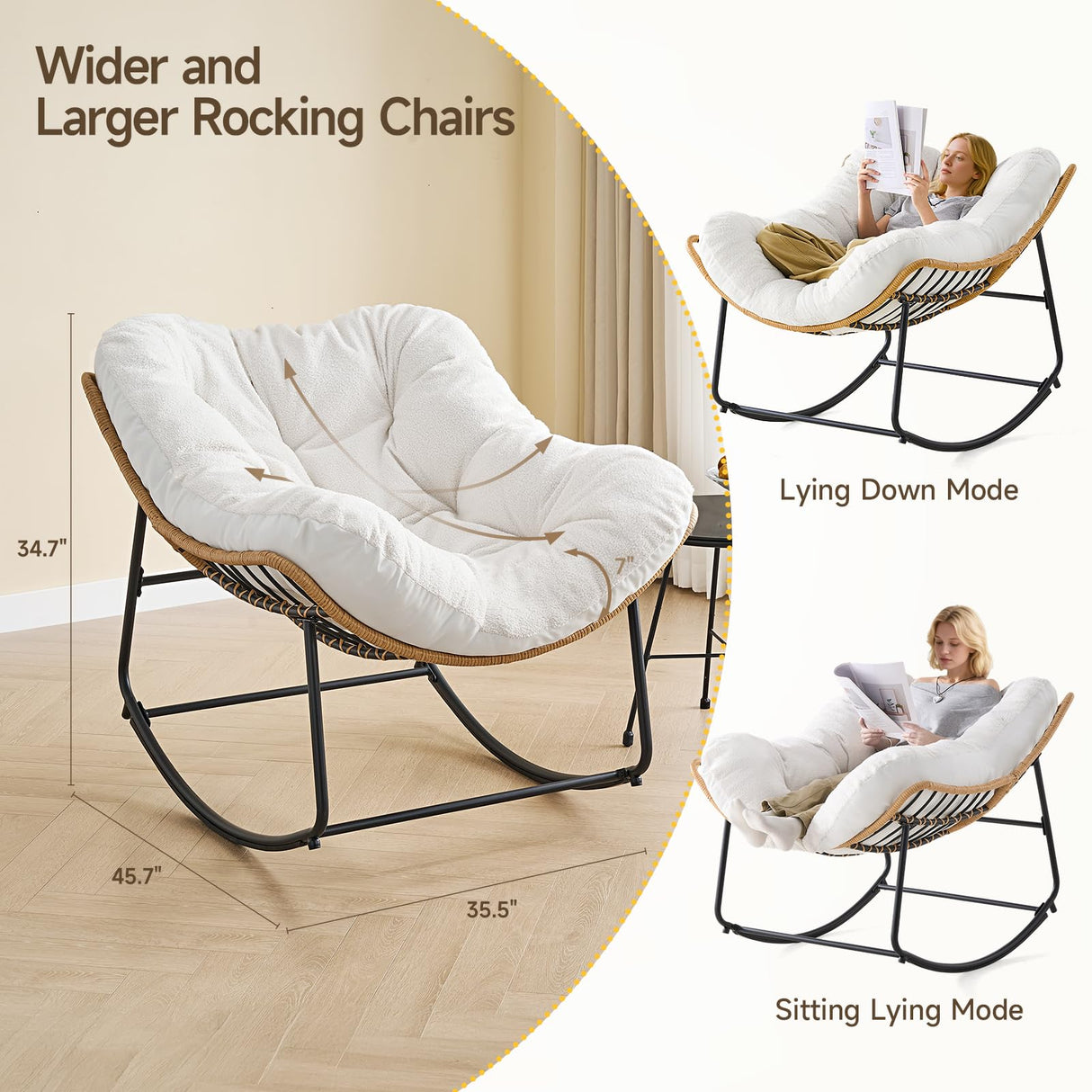 ONBRILL Outdoor Rocking Chairs, Oversized Papasan Rocking Chair Indoors with Padded Cushions, Rattan Wicker Lounge Chair for Living Room, Porch, Patio, Garden ONBRILL