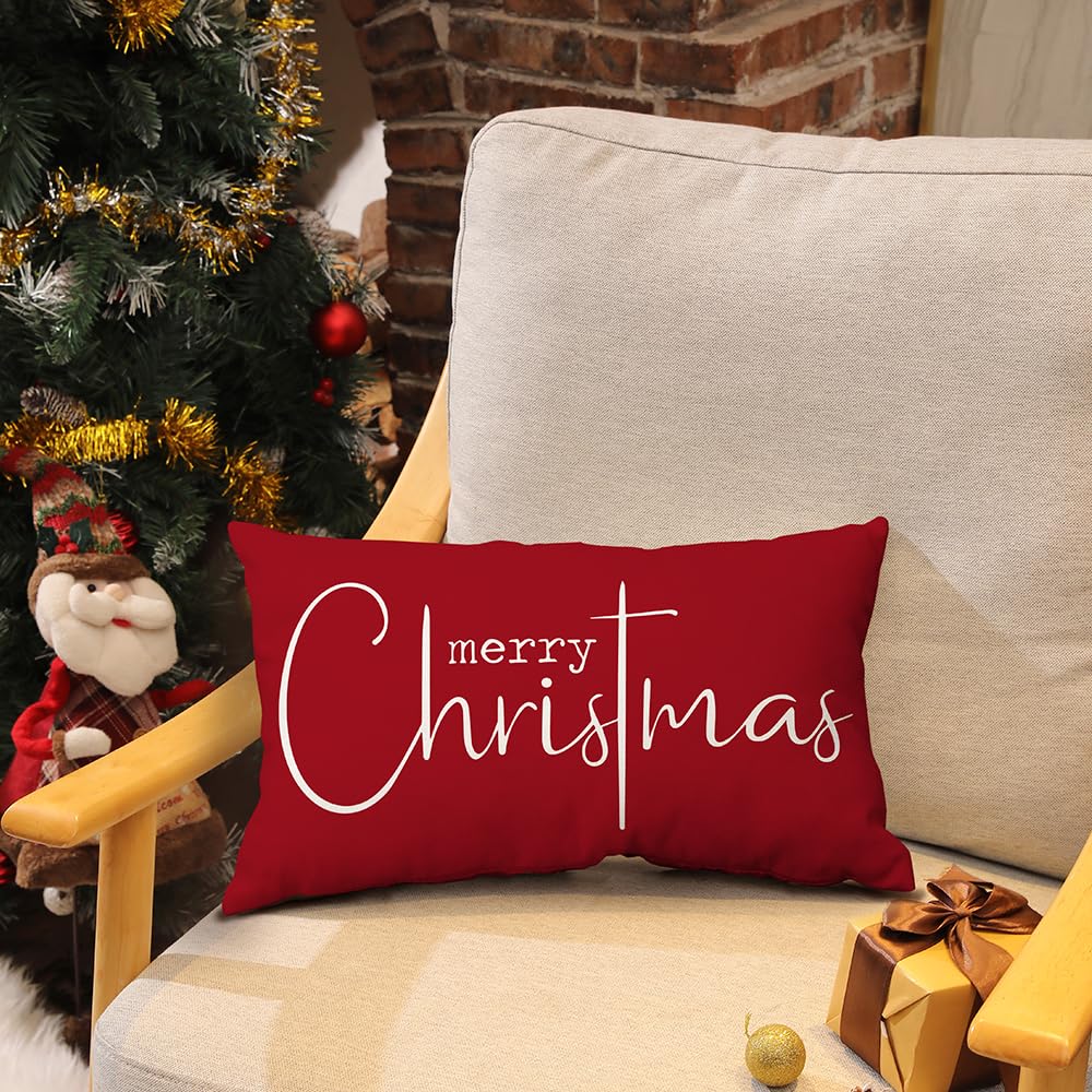 Allorry Christmas Pillow Covers Merry Christmas Throw Pillow Decorative Christmas Red Cotton Cloth Linen Cloth Pillow Cover Sofa Cover Decorative Rectangle Length 12X20 inches Allorry