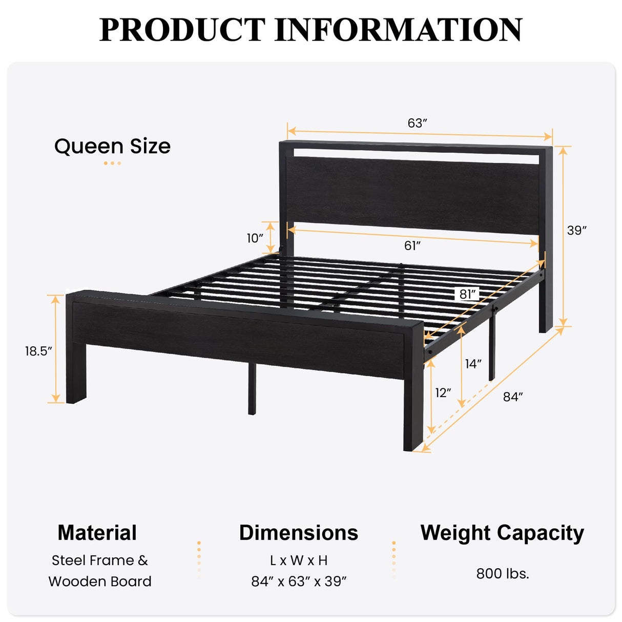 SHA CERLIN 14-Inch Queen Metal Bed Frame with Rustic Wooden Headboard – No Box Spring Needed, Large Under-bed Storage SHA CERLIN