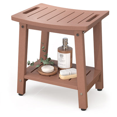 BEKVEM Shower Bench for Inside Shower, Teak-Color HDPE Shower Stool Waterproof, Spa Bathroom Seat Chair with Handle, Storage Shelf & Adjustable Feet - Indoor/Outdoor, Weather Resistant
