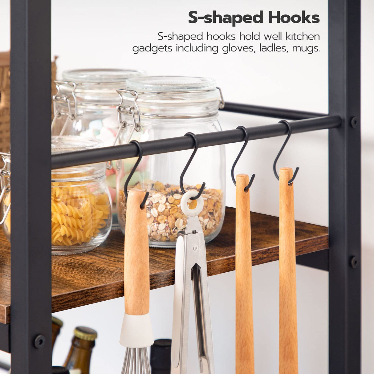 HOOBRO Kitchen Island with Storage,Industrial Kitchen Counter with Hooks and Side Enclosures, 3 Tier Kitchen Cart with Large Workstation, Saving Space, Easy Assembly, Rustic Brown and Black BF03ZD01 HOOBRO