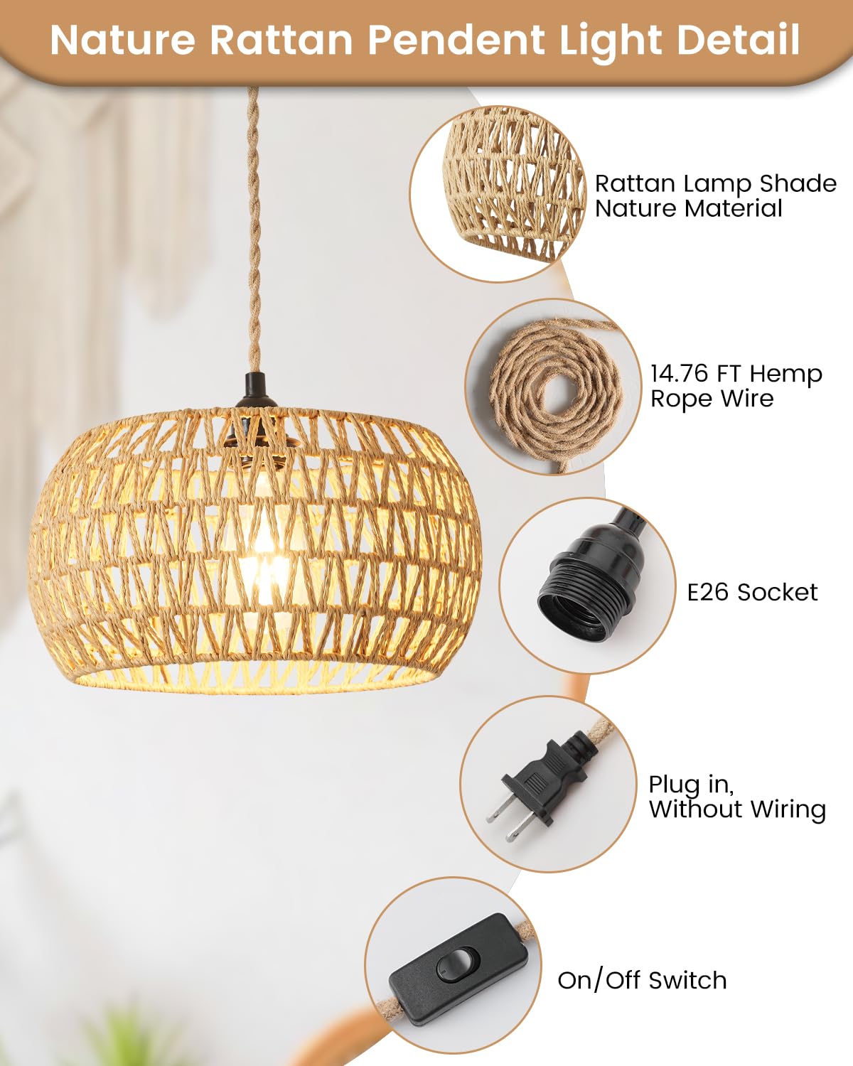 Rattan Boho Hanging Light,12.6'' Natural Hand Woven Fabric Drum Light,Plug Into Wall Outlet Pendant Light Fixture On/Off Switch for Dining,Living Room,Bedroom,Kitchen,Hallway Entryway, Without Bulb Dgroositon
