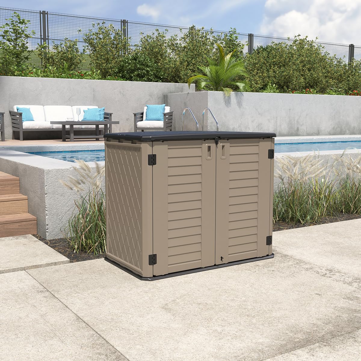 KINYING Outdoor Storage Shed - Horizontal Storage Cabinet Waterproof for Garden, Patio, Backyard, Storage Box for Easy Storage of Garbage Cans, Tools, Lawn Mower, 26 Cubic Feet,Dark Brown KINYING