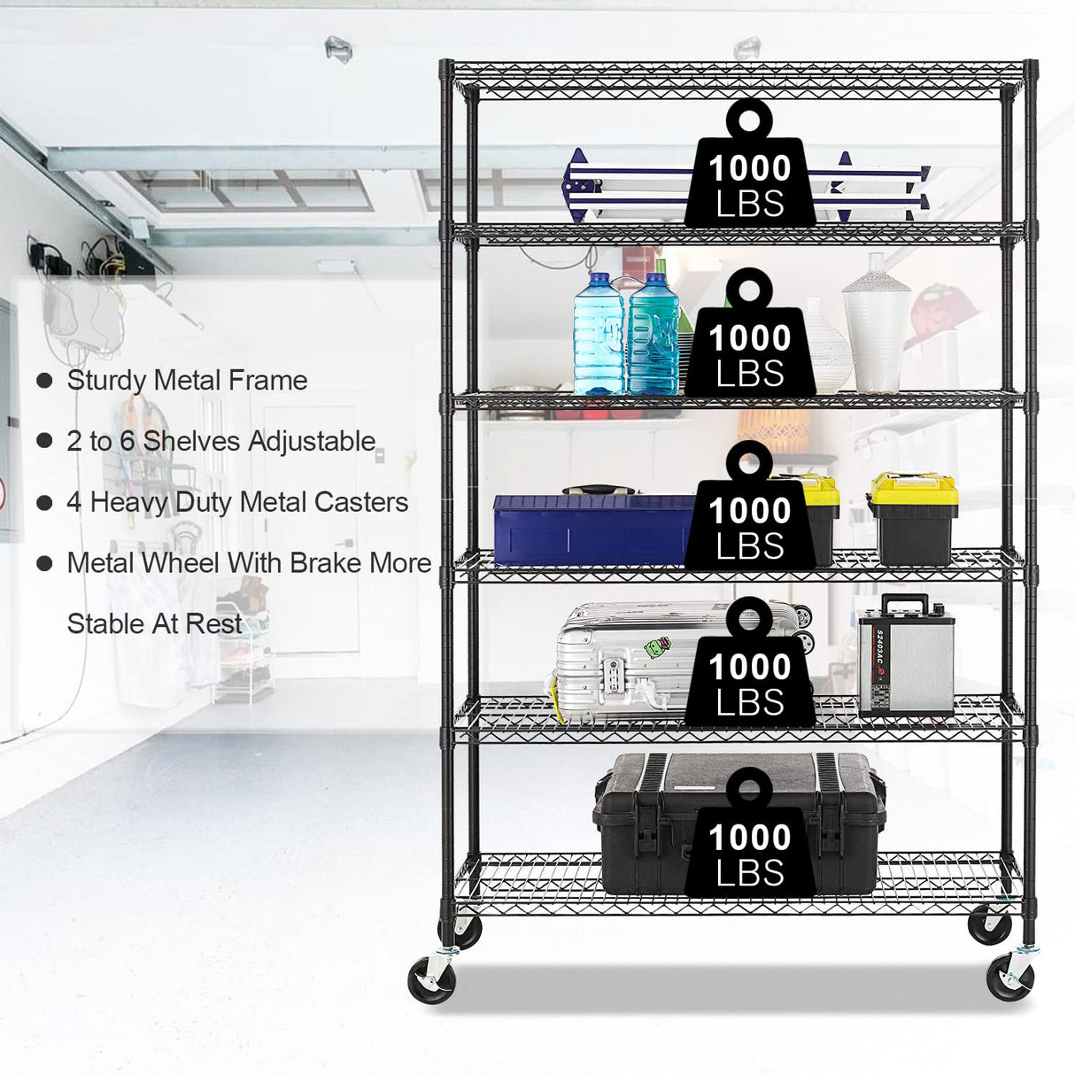 Storage shelves, 6-Tier Wire Shelving Unit NSF Certified Storage Rack 18"D x 48"W x 78"H 6000Lbs Capacity Adjustable Layer Heavy Duty Metal Rack Steel with Casters for Kitchen Garage Pantry Black Dopinmin