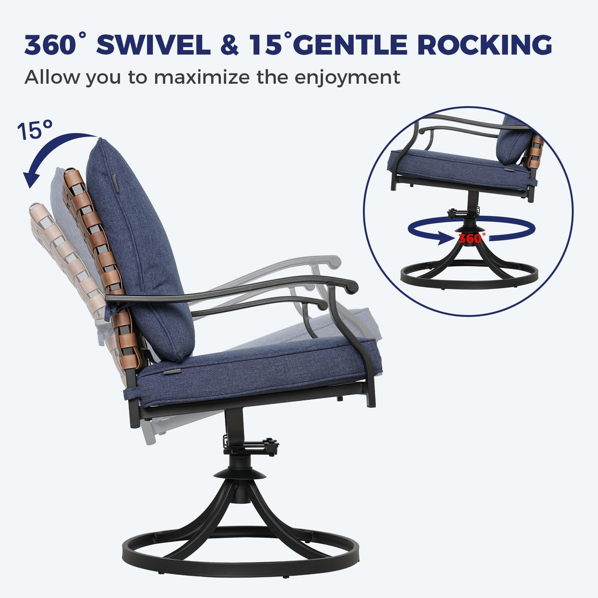 Grand patio 5-Piece Outdoor Dining Set, 4 Leather-Look Wicker Swivel Blue Patio Chairs & 1 Square Woodgrain Dining Table, Brown Grand patio