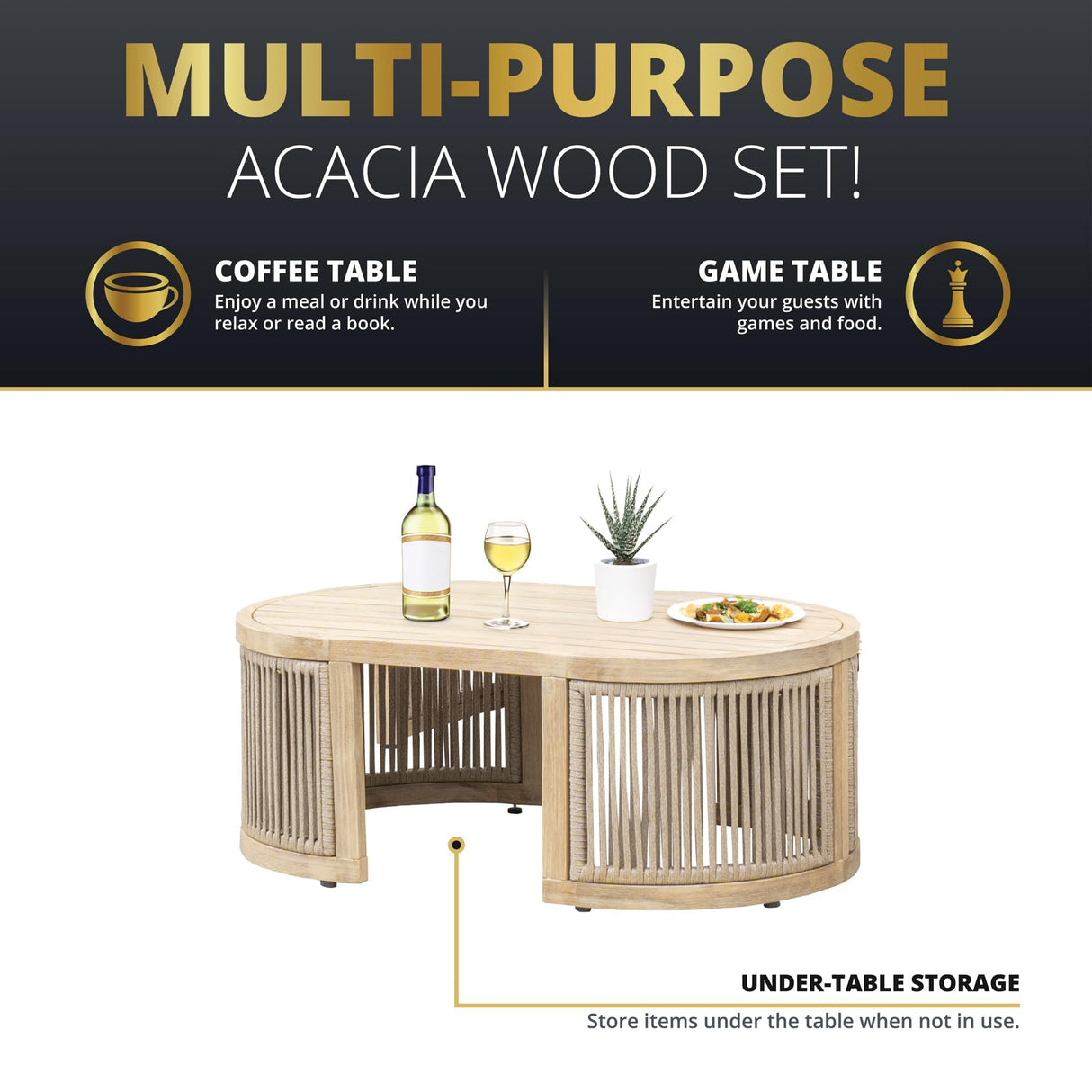 Mazatzal 4-Piece Outdoor Acacia Wood Wicker Conversation Set, Patio Furniture Set with Loveseat, 2 Armchairs, and Coffee Table, Modern Balcony Set for Garden, Yard, Backyard Mazatzal