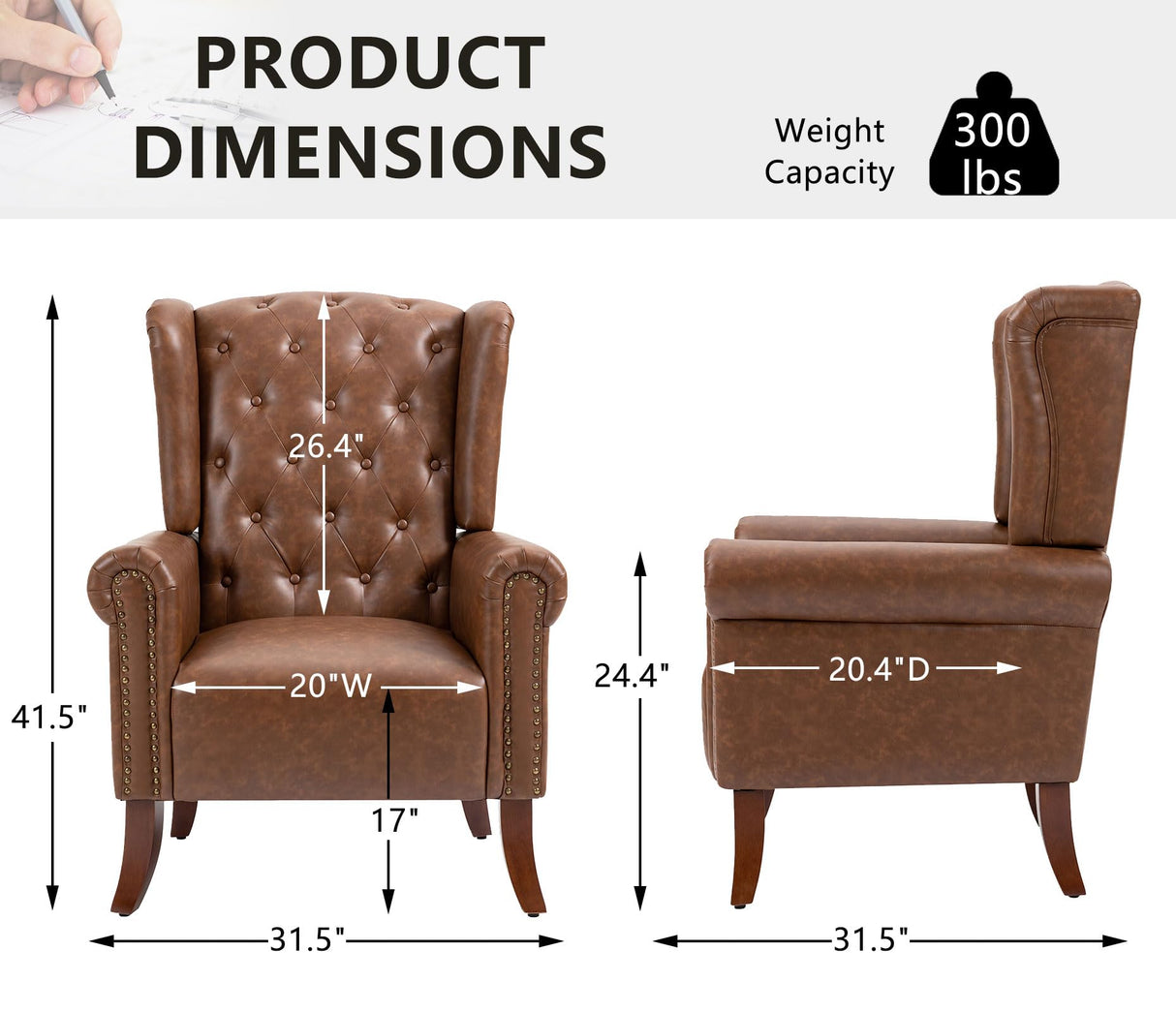 MOJAY Mid-Century PU Leather Accent Chair, Living Room Lounge Sofa Chair with Buttons, Single Club Armchair with Rivet Trim for Bedroom Home Reception (Brown) MOJAY