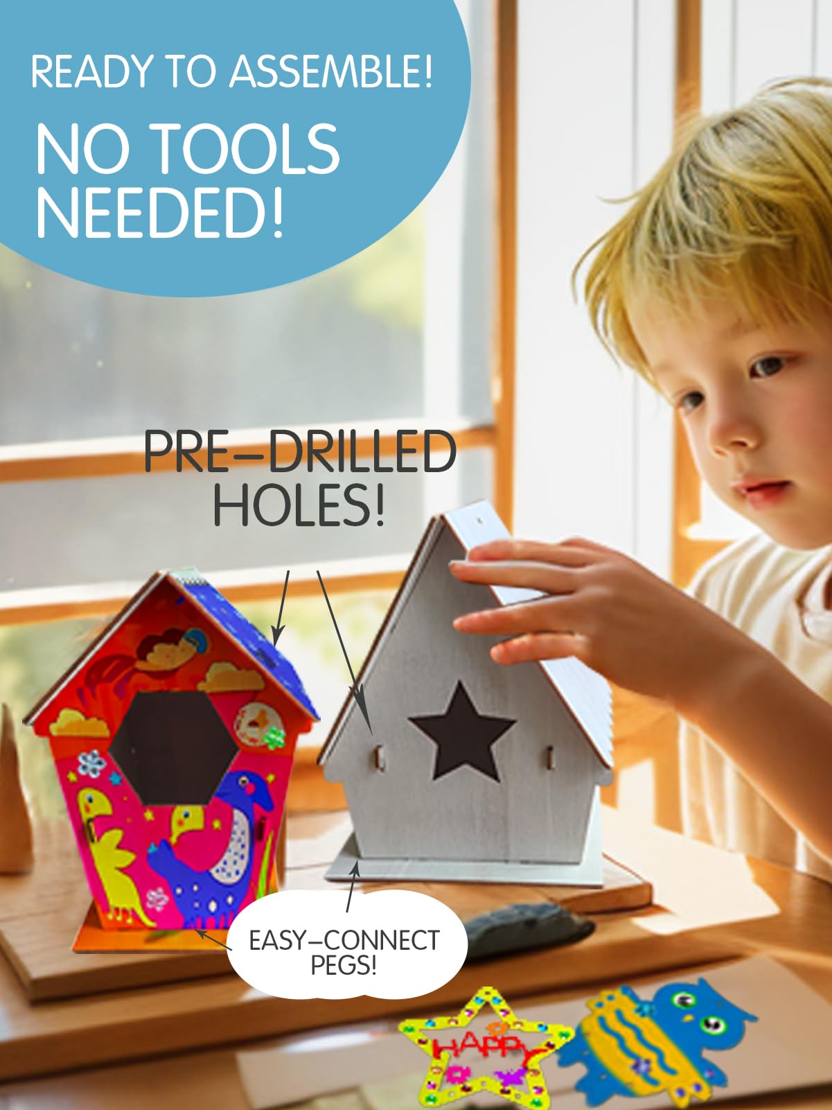 Nsoicrac Bird House Kits for Kids Ages 4-8build a Birdhouse kit for Kids, 4 Pack Birdhouse kit (Includes Paints & Brushes&Jewels and Wind Chimes) Bird House Kits for Kids Ages 8-12,Easter Crafts Nsoicrac