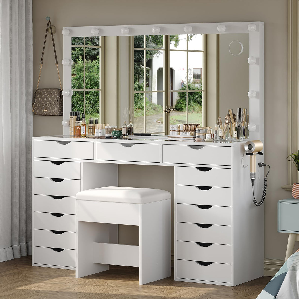 Yanosaku Vanity Desk with Mirror and Lights, Makeup Table with Charging Station, 3 Color Lighting Modes, 15 Drawers Dressing Table, Vanity with Chair for Bedroom, White Yanosaku