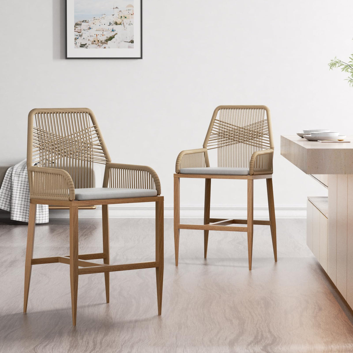 Halitaa Bar Stools Set of 2, Counter Height Barstools with Backrest and Cushion, Modern Rattan Wicker Patio Stools for Kitchen Patio Balcony Pool Outdoor Accent Counter Chairs, White Halitaa