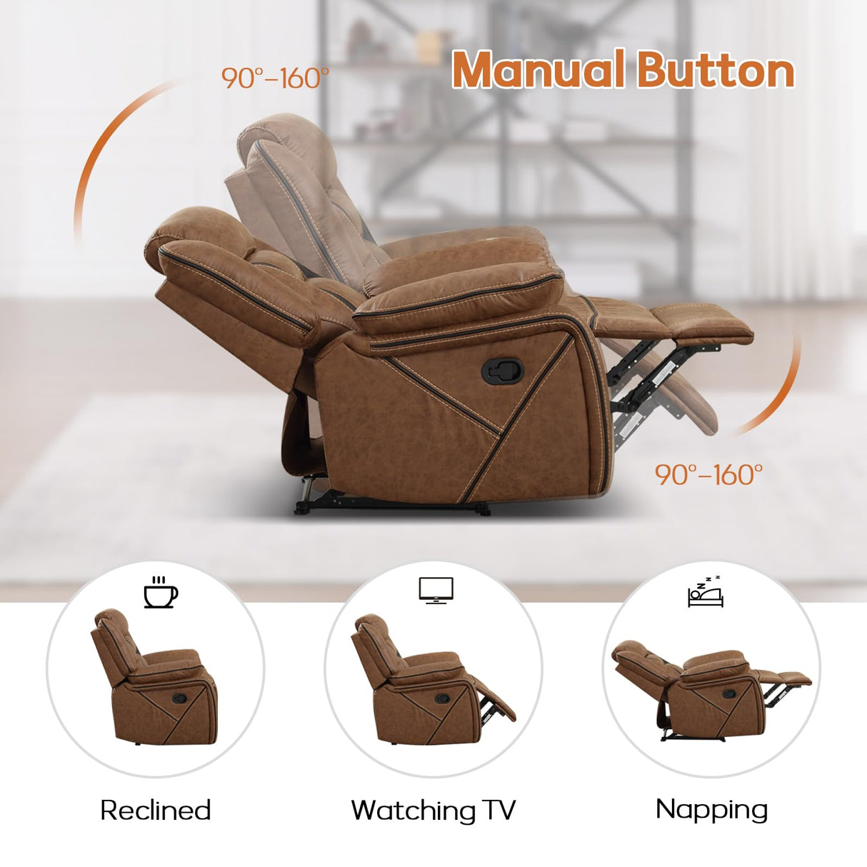 EBELLO Faux Leather Manual Recliner Chair, Modern Design Single Reclining Sofa Chair with Comfortable Armrest and Backrest, Furniture for Living Room, Bedroom, Brown EBELLO