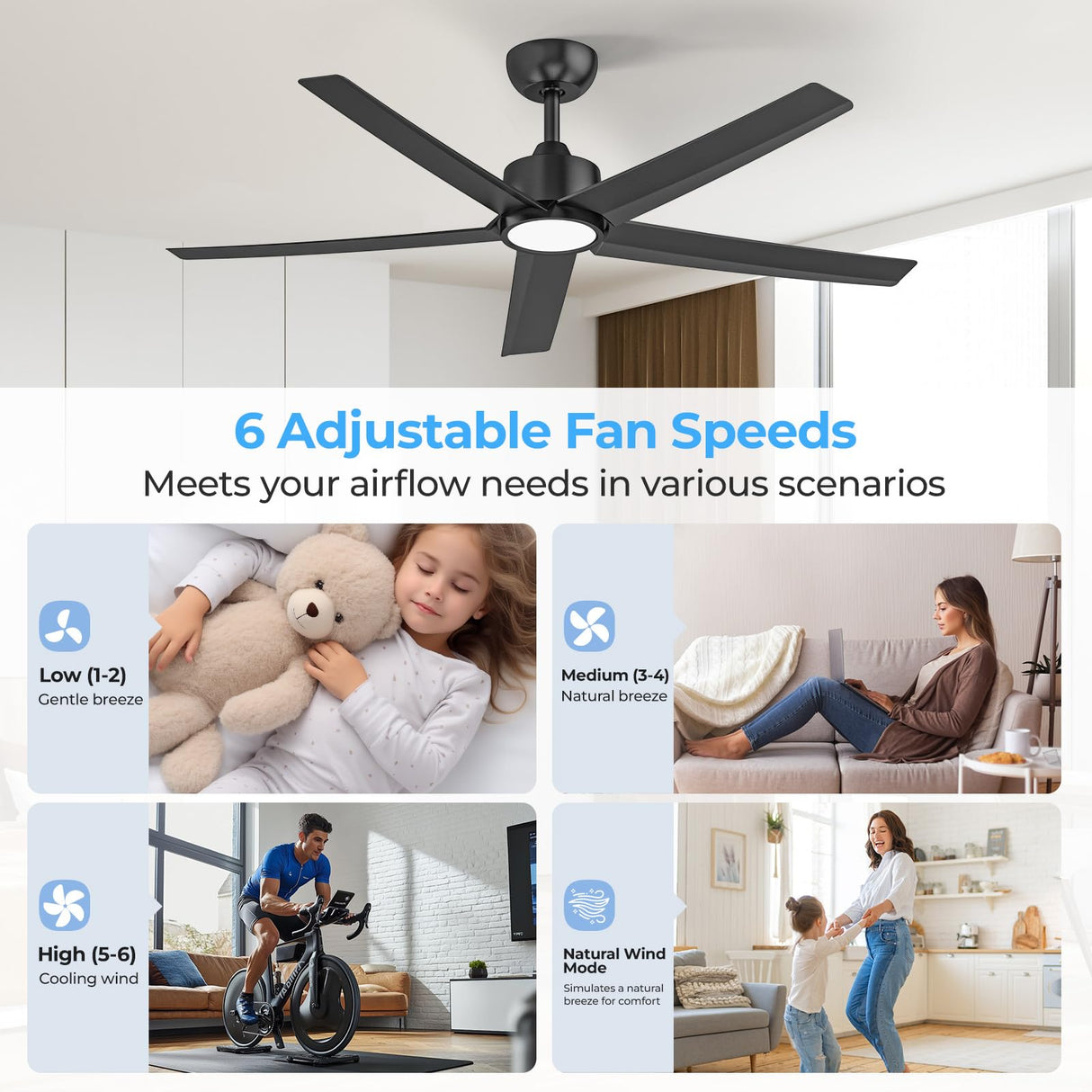 ocioc 52 Inch Smart Ceiling Fan,Modern Ceiling Fans with Lights and Remote,Compatible with Alexa/Google Home/APP,Reversible,Dimmable,3 CCT,Timer,Black Ceiling Fan for Bedroom,Living Room ocioc