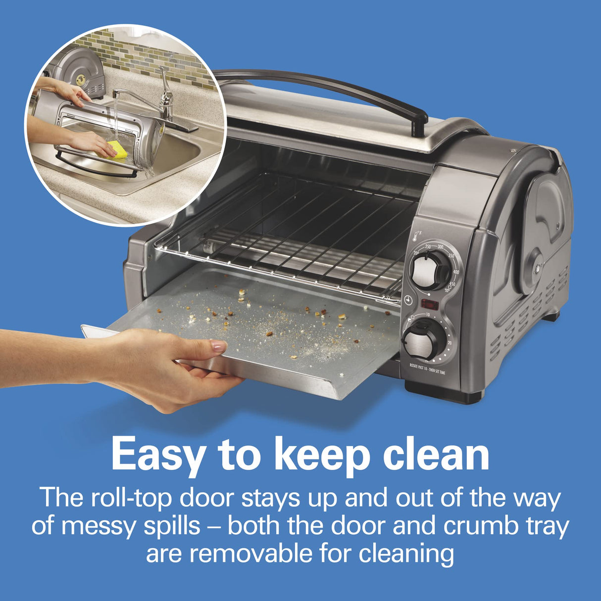 Hamilton Beach Easy Reach 4-Slice Countertop Toaster Oven With Roll-Top Door, 1200 Watts, Fits 9” Pizza, 3 Cooking Functions for Bake, Broil and Toast, Silver (31344DA) Hamilton Beach