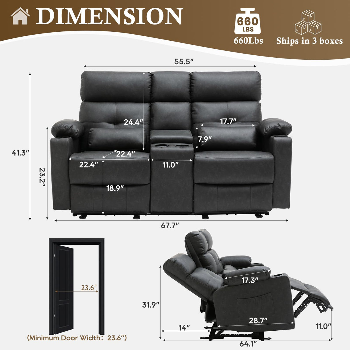 PALLOME Power Loveseat Recliner Sofa with Console, Loveseat Reclining Sofa with Heat & Massage, Home Theater Seating with Lumbar Pillow for Living Room, RV Recliner Loveseat (PU, Dark Gray) PALLOME