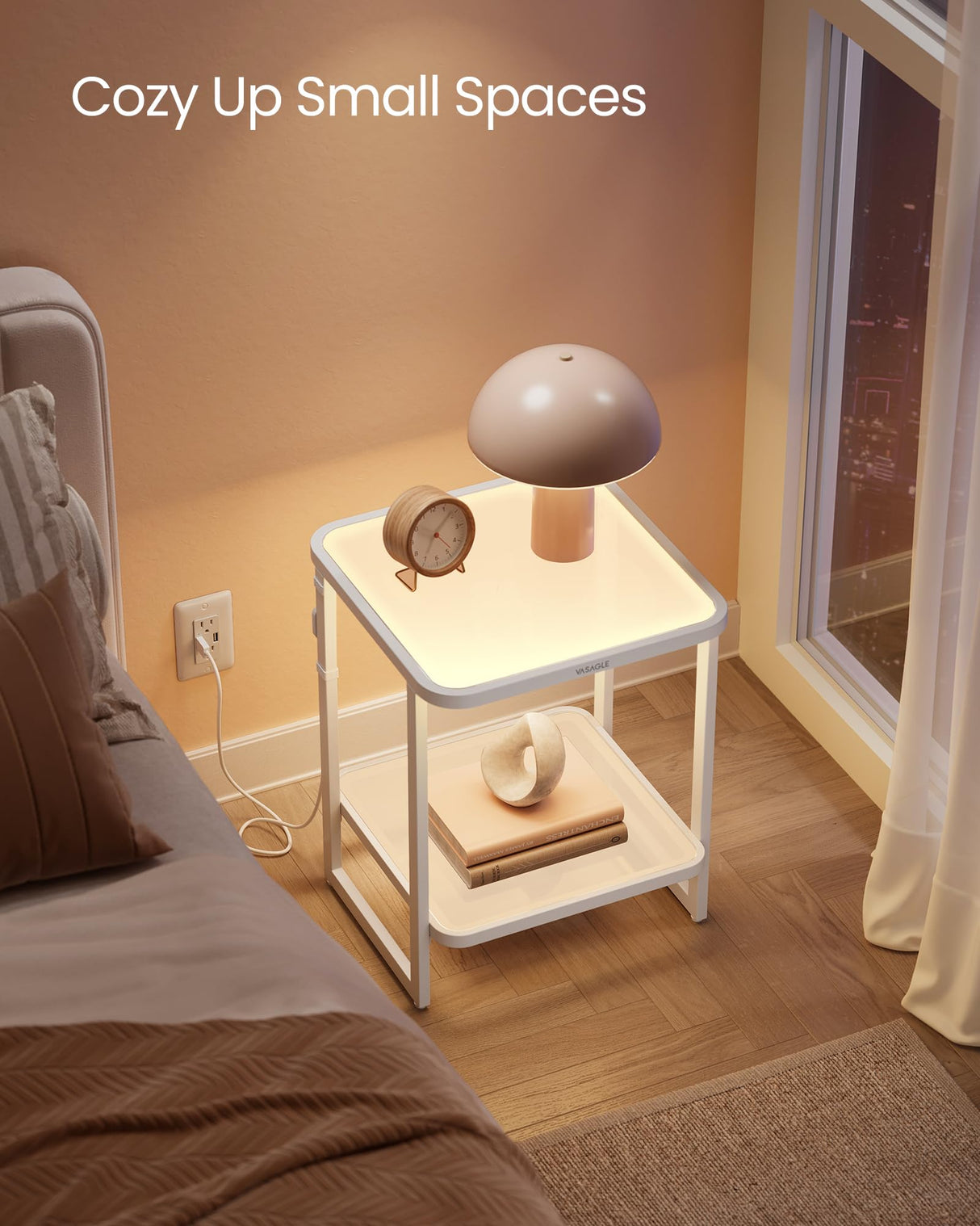 VASAGLE End Table, 2-Tier Side Table with LED Lights, Modern Nightstand, Square Bedside Table, Frosted Glass, Bottom Shelf, for Bedroom, Cloud White and Pearl White ULET232W01 VASAGLE