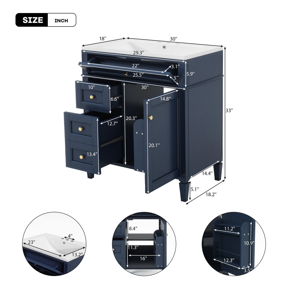 Jeffski 30" Floor Bathroom Vanity with Top Sink, Modern Bathroom Cabinet Vanities with 2 Drawers, Adjustable Shelf and A Tip-Out Drawer, Single Sink Combo Set Bathroom Vanity, Navy Blue Jeffski