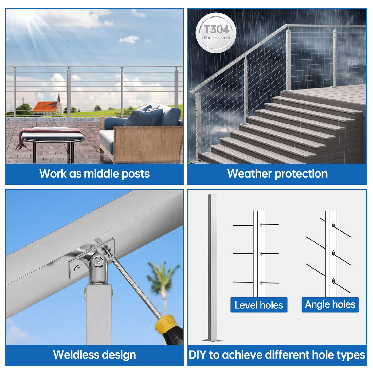 Muzata Intermediate Post Undrilled 42"x1"x2"(Post Body 39") Adjustable Top Cable Railing Post Top Mount Brushed Rectangular Stainless Steel Middle Post Wood Concrete Level Deck, PS11 LN4L Muzata