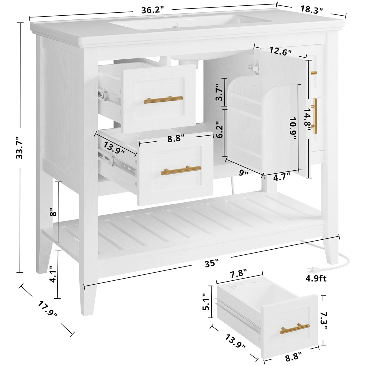 IRONCK Bathroom Vanity with Sink, 36" Modern Undermount Bathroom Sink Cabinet with 4 Drawers&Open Shelf, Vanity Sink with Charging Station and Door Shelves, White IRONCK