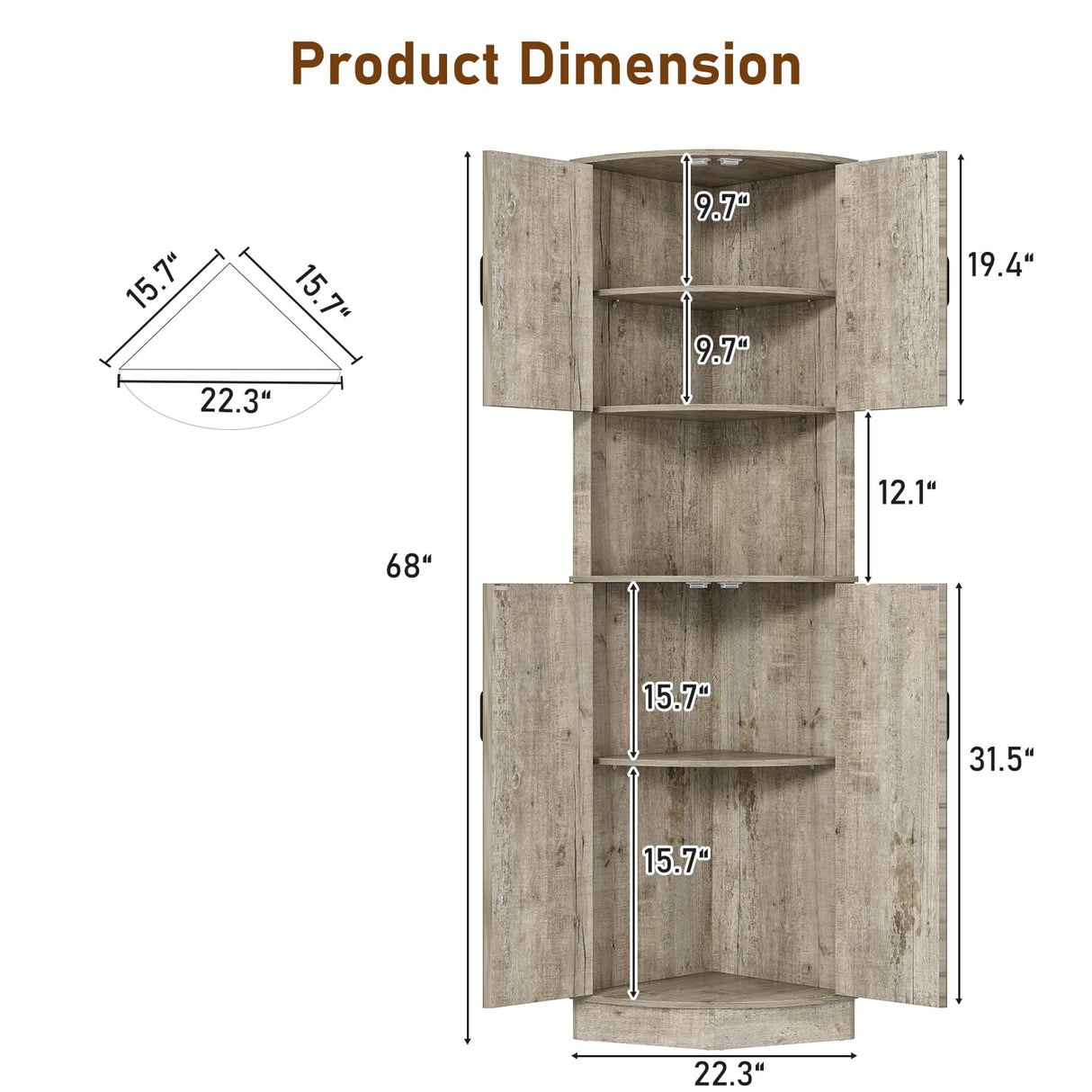 Hlivelood 68" Tall Farmhouse Corner Cabinet, Dining Room Storage Cabinet with 4 Barn Doors and 5 Level Storage with Adjustable Shelves, for Kitchen, Living Room, Laundry Room, Light Rustic Oak Hlivelood