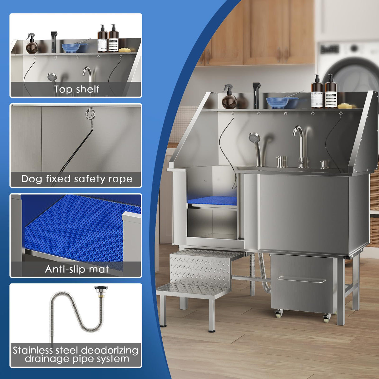 ROOMTEC 304 Stainless Steel Dog Washing Station, 50 Inch Professional Dog Grooming Tub, Pet Bathtub with Sink, Storage Drawer,Ladder ROOMTEC