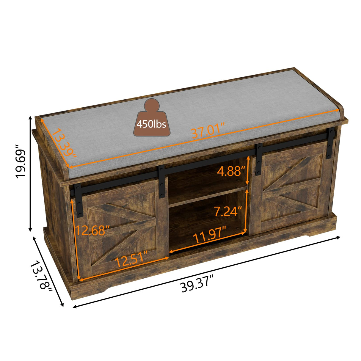 Loomie Shoe Storage Bench, 2-Tier Farmhouse Entryway Bench with Sliding Barn Door Storage Cabinets & Full Soft Removable Seat Cushion, Silm Shoe Rack with Shoe Cabinet for Entryway, Hallway, Bedroom Loomie