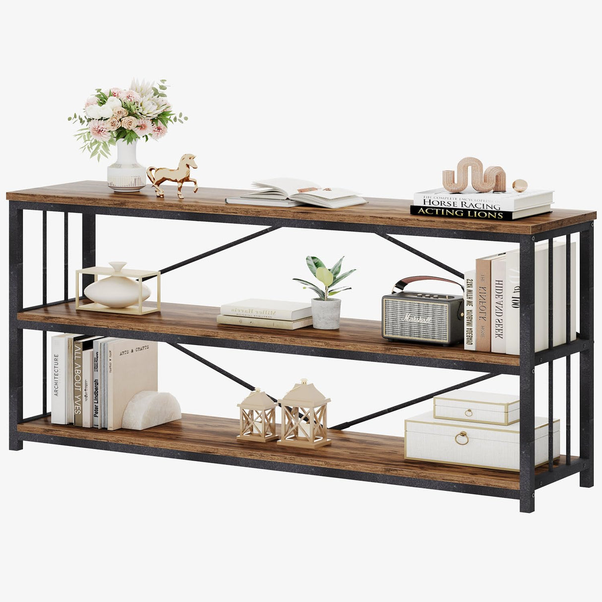 HSH Low Bookshelf, Industrial Wood 3 Tier Extra Long Horizontal Bookcase, Wide Open Metal Large Book Shelf for Bedroom Living Room, Rustic Brown, 70 Inch HSH