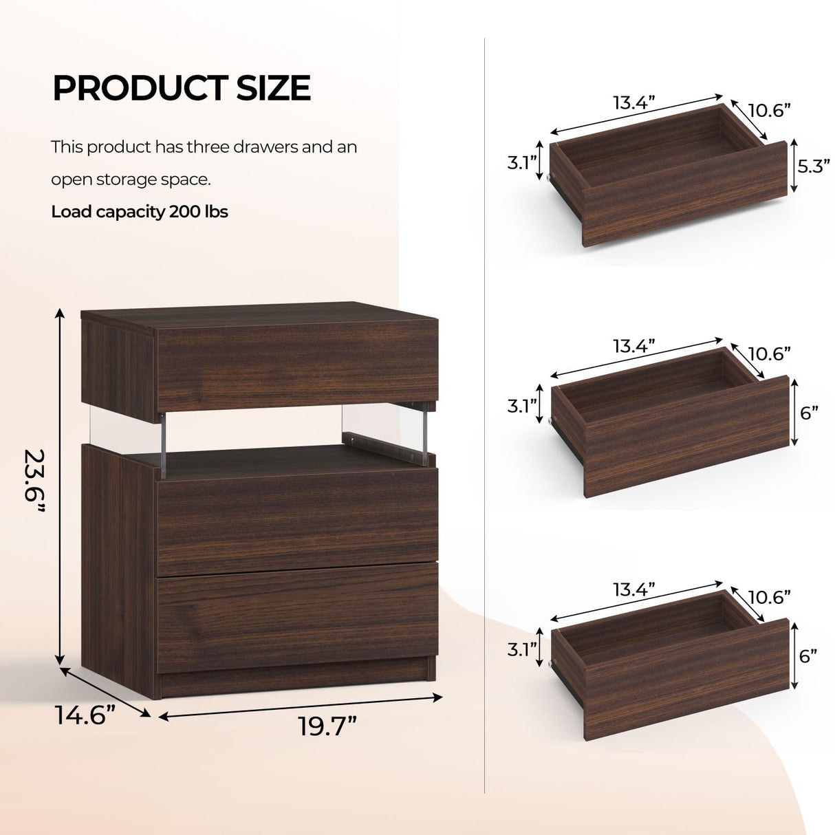 i-aplus Night Stand Set 2 LED Nightstands for Bedroom Set of 2 Modern Bedside Table with 3 Drawers End Side Table i-aplus