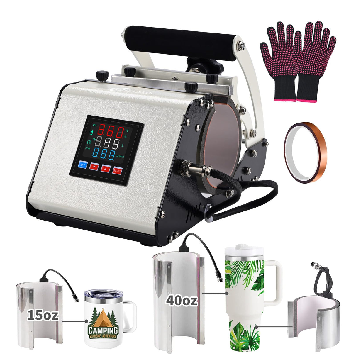 ColorSub 3 in 1 40 OZ Tumbler Heat Press Machine 11 OZ 15 OZ Mug Press Sublimation Machine for Sublimation 40 OZ Tumbler with Handle Straight Tumblers Bottles Mugs Glass Cup Printing White ColorSub