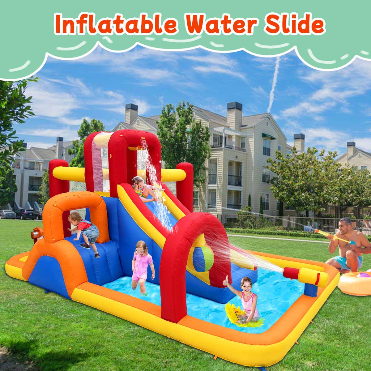 Hongcoral Inflatable Water Slide, 10 in 1 Water Park Bounce House with Blower, Splash Pool, 2 Slides, Water Cannon, Climbing Wall, Blow up Water Slides for Kids Outdoor Backyard Hongcoral