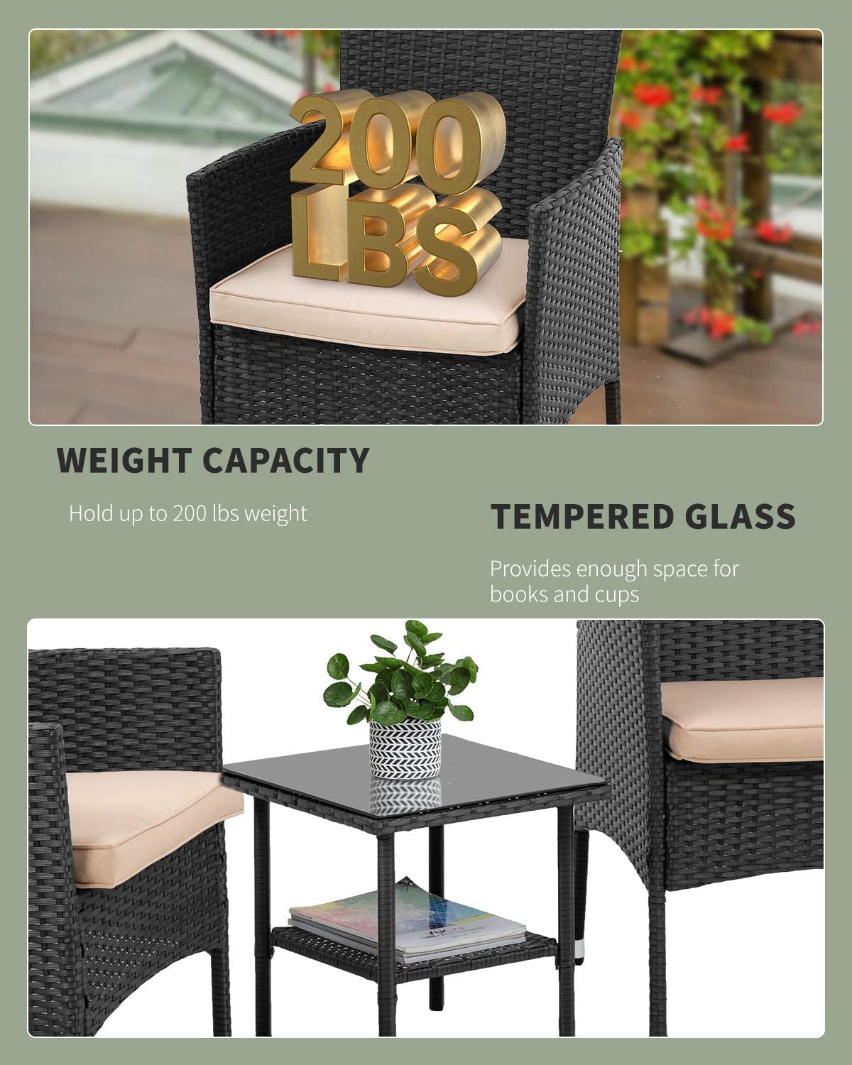 3 Piece Furniture Patio Chairs Wicker Outdoor Rattan Conversation Bistro Set for Backyard Porch Poolside Lawn (Black) PayLessHere