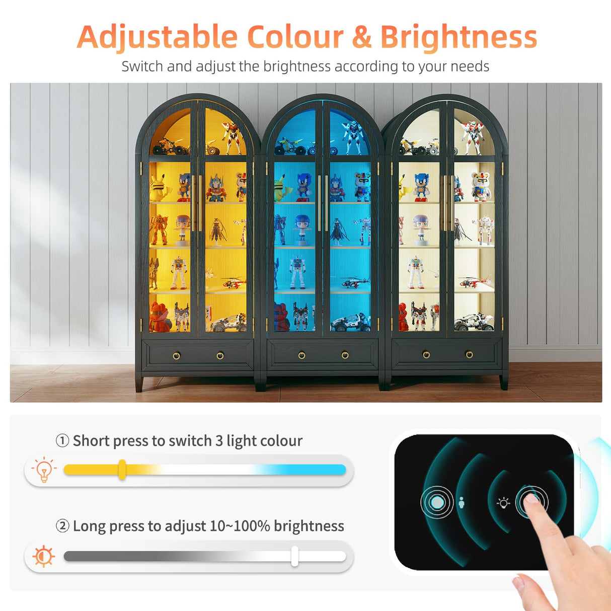 MDGC Arch Display Cabinet with Glass Doors, 4-Tier Curio Cabinet Shelves and a Drawer,73" Inch Tall LED Display Case for Collectibles,Bookcase for Bedroom Living Room Office,Black MDGC