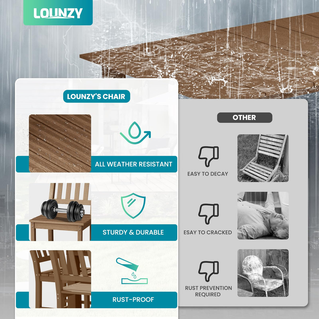 LOUNZY 9 Pieces Patio Dining Sets, Outdoor HDPE Furniture Set for 8 w/ 2" Hole Cut-Out Dining Table with 8 Patio Chairs(2 W/Armrest, 6 w/o Armrest), Brown LOUNZY