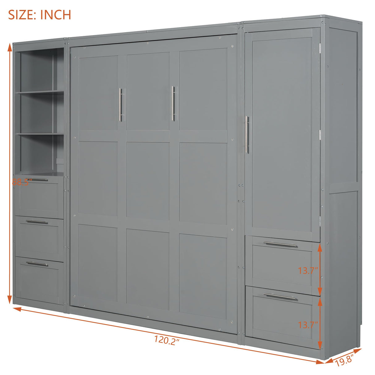 Merax Murphy Bed Queen Size, Built-in Shelves, Storage Drawers and Wardrobe, Wood Folding Wall Bedframe for Guest Room, Home Office, Grey Merax