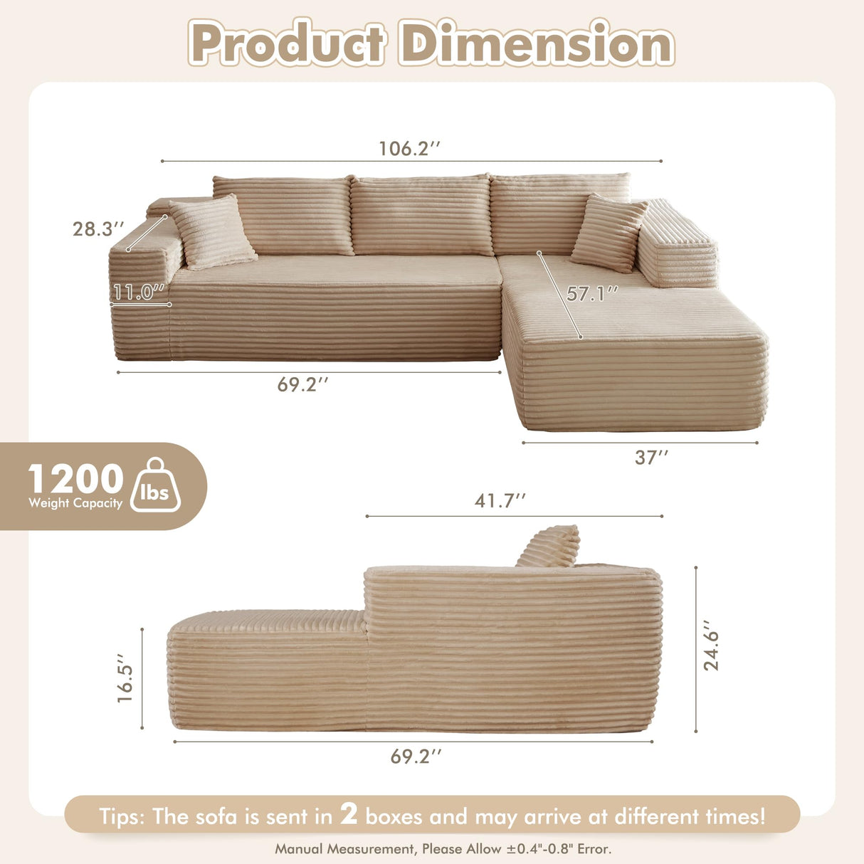106" Cloud Sectional Couch with Chaise Longue,L Shaped Modular Modern Sofa,Comfy Corduroy Fluffy Couch with Deep Seat,No Assembly Required Couch for Living Room(Right,Plush Corduroy,Beige) weaxty W