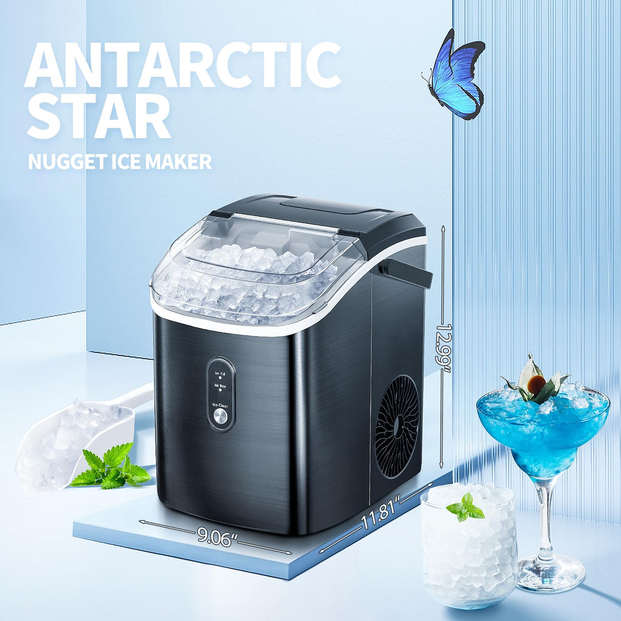Nugget Countertop Ice Maker with Soft Chewable Pellet Ice, Pebble Portable Ice Machine, 34lbs Per Day, Self-Cleaning, Sonic Ice, One-Click Operation, for Kitchen,Office Stainless Steel Black Antarctic Star