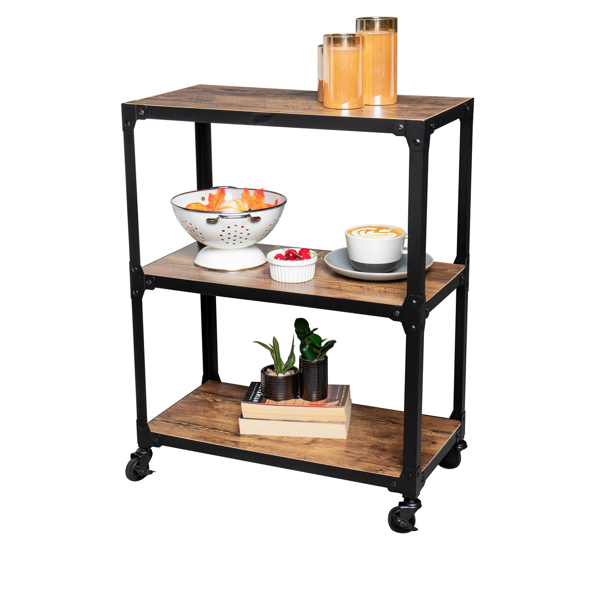 Mind Reader Bar Cart, Rolling Cart, Microwave Stand, 3-Tier, Coffee Cart, Kitchen, Wood/Metal, 23"L x 12"W x 29.5"H, Brown Mind Reader