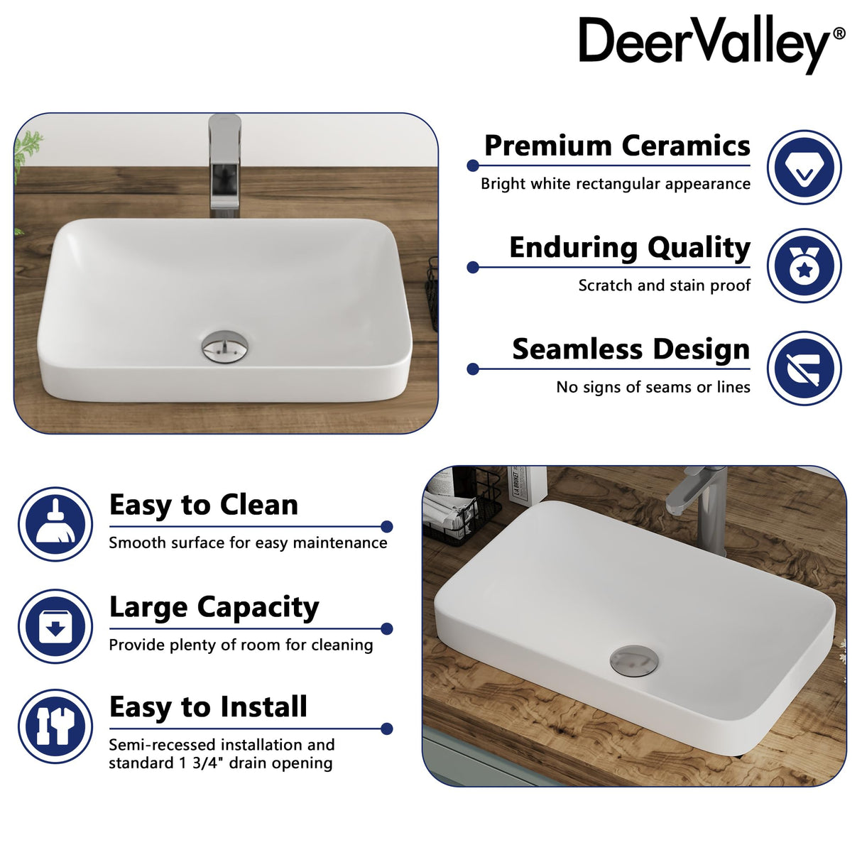Bathroom Vessel Sink, DeerValley 19'' x 12'' Semi Recessed Bathroom Sink Rectangular White Ceramic Vessel Sinks for Bathroom Modern Bath Sink Bowl Vanity Sink Above Counter Basin DV-1V0047 Deer Valley