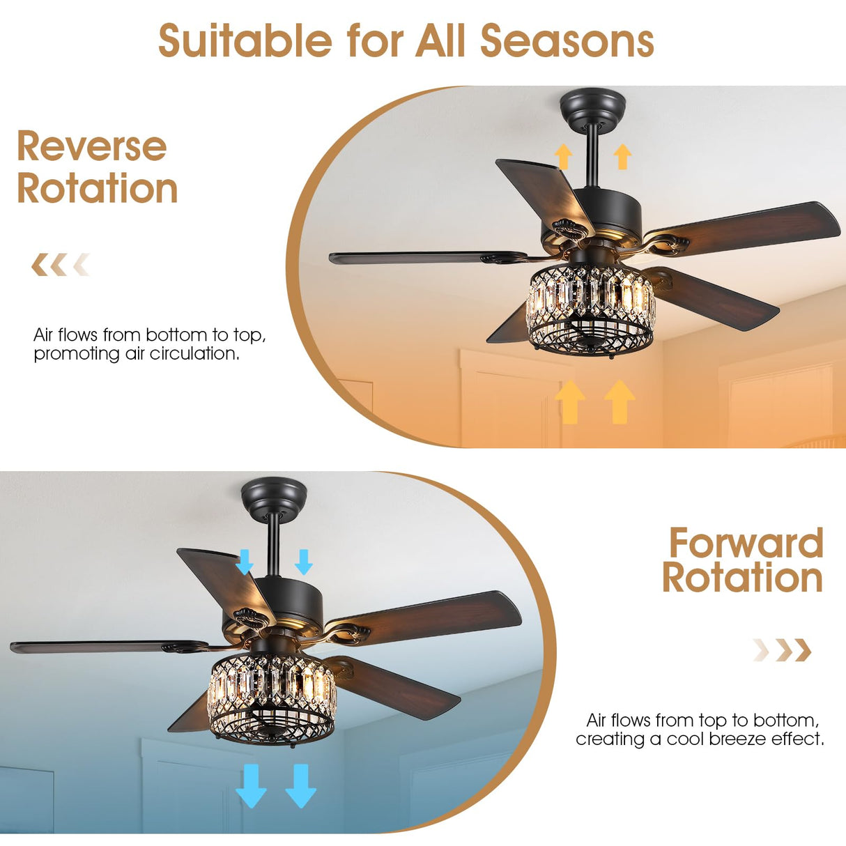 Kviflon Farmhouse Ceiling Fans with Lights and Remote, 48 Inch Indoor Chandelier Ceiling Fan with Light, Crystal Fandelier Ceiling Fans for Living Dining Room Bedroom, Wood Blades, Quiet, Black Kviflon