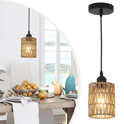 LAMSU Rattan Pendant Lights, Boho Farmhouse Pendant Lighting with Hand Woven Natural Rattan Shade, Small Wicker Light Fixtures Ceiling Hanging for Dining Room Kitchen Bedroom Foyer Hallway