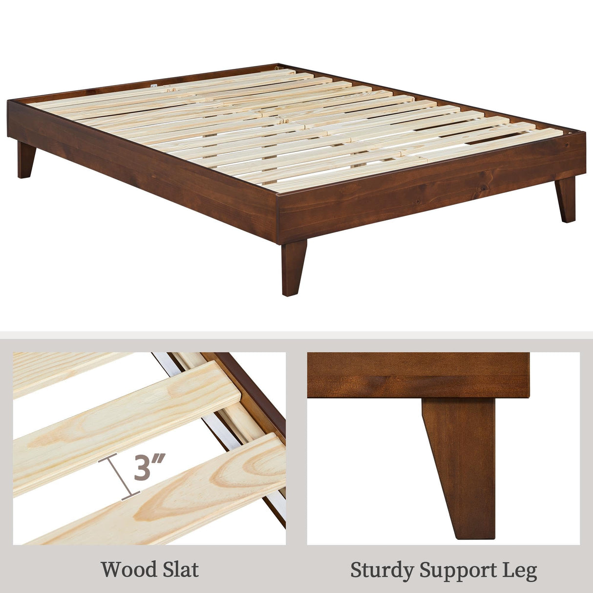 Yaheetech Queen Solid Pine Wood Platform Bed Frame with Supportive Slats and Headboard Compatibility Yaheetech
