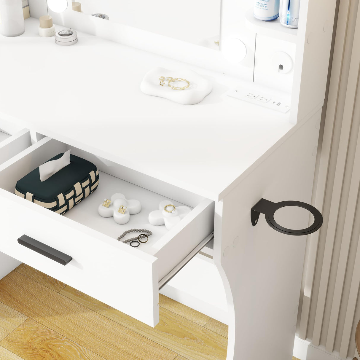 Vanity Desk Set with Mirror, LED Lights and Power Outlet Makeup Table with 2 Large Drawers and Round Holder, Dressing Table with Cushioned Stool for Bedroom, Dressing Room (White) Panana